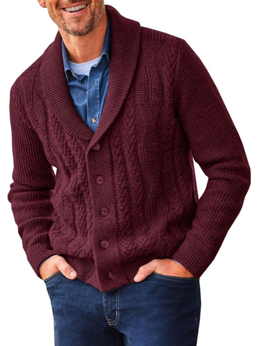 🆕Men's Wine Red Shawl Collar Cardigan Sweater Cable Knit Casual Winter Outwear